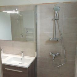 Remplacement de la baignoire et du lavabo par une douche avec paroi fixe et meuble 2 vasques et miroir